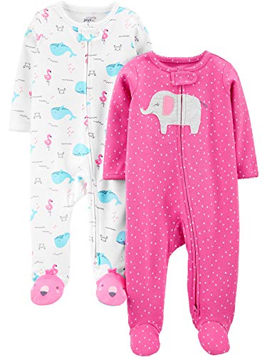 Simple Joys by Carter's 2-Pack Cotton Footed Sleep and Play para bebés y niños pequeños, Rosa, Elefante/Ballenas, 3-6 Meses, Pack de 2