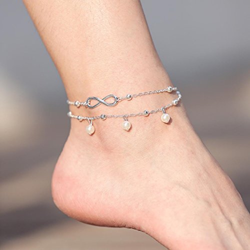 Simsly Moda playa tobillera tobillo pulsera pie cadena accesorios con perla de imitación ajustable para mujeres y niñas (plata) JL-136