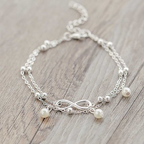 Simsly Moda playa tobillera tobillo pulsera pie cadena accesorios con perla de imitación ajustable para mujeres y niñas (plata) JL-136