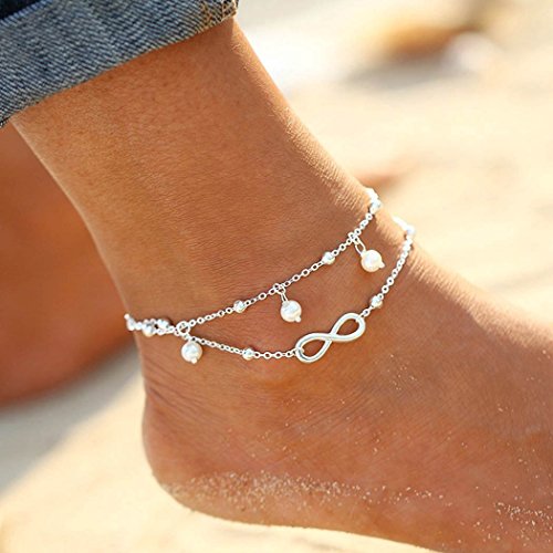 Simsly Moda playa tobillera tobillo pulsera pie cadena accesorios con perla de imitación ajustable para mujeres y niñas (plata) JL-136
