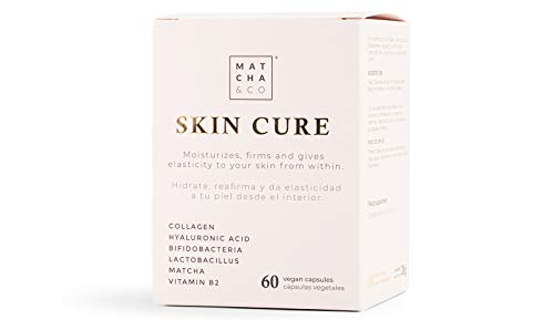 Skin Cure. Cápsulas Antiaging, antiarrugas, anti envejecimiento. Colágeno Tipo I Vegetariano con Probióticos, Elastina, Ácido Hialurónico, Té matcha y Vitamina B2. 60 cápsulas