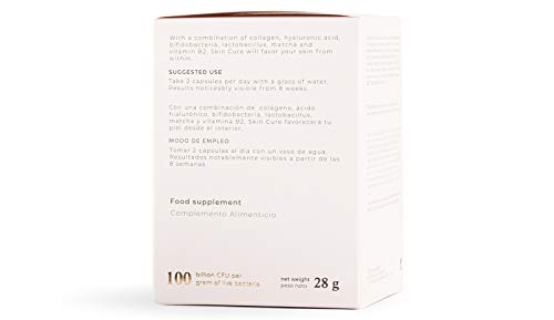 Skin Cure. Cápsulas Antiaging, antiarrugas, anti envejecimiento. Colágeno Tipo I Vegetariano con Probióticos, Elastina, Ácido Hialurónico, Té matcha y Vitamina B2. 60 cápsulas