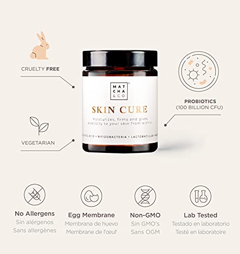 Skin Cure. Cápsulas Antiaging, antiarrugas, anti envejecimiento. Colágeno Tipo I Vegetariano con Probióticos, Elastina, Ácido Hialurónico, Té matcha y Vitamina B2. 60 cápsulas