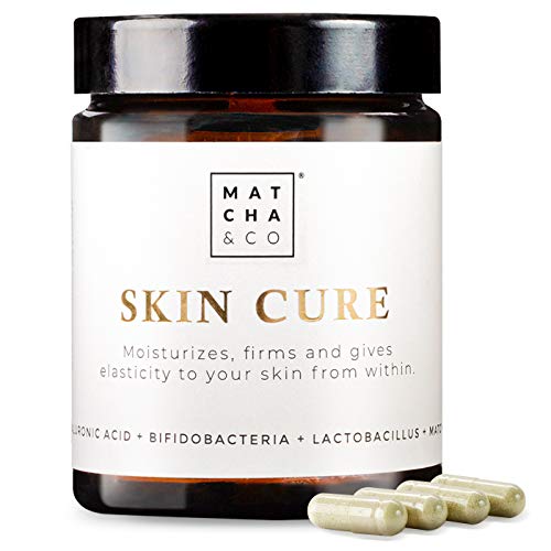 Skin Cure. Cápsulas Antiaging, antiarrugas, anti envejecimiento. Colágeno Tipo I Vegetariano con Probióticos, Elastina, Ácido Hialurónico, Té matcha y Vitamina B2. 60 cápsulas