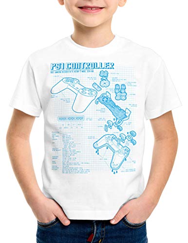 style3 PS1 Controlador Cianotipo Camiseta para Niños T-Shirt Videojuego videoconsola Classic Gamer, Color:Blanco, Talla:116