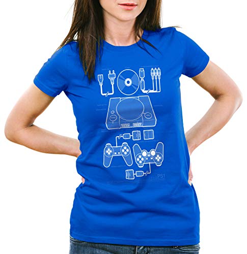 style3 PS1 Retro Gamer Camiseta para Mujer T-Shirt Mando videoconsola, Color:Azul, Talla:XS