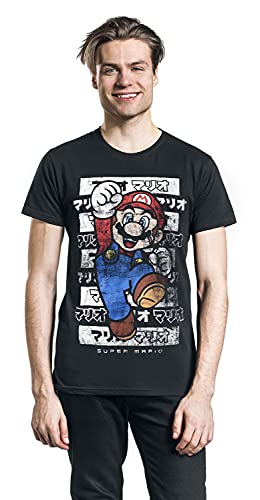 Super Mario Mario - Kanto Hombre Camiseta Negro L, 100% algodón, Vintage Regular