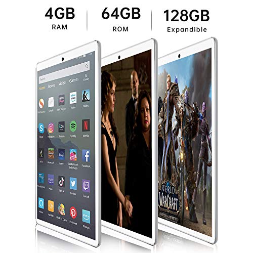 Tablet 10 Pulgadas 4G FHD 64GB de ROM 4GB de RAM Android 10.0 Certificado por Google GMS Tablet PC Baratas Quad Core Tableta Batería 8000mAh Dual SIM 8MP Cámara WiFi,Bluetooth,GPS,OTG(Plata)