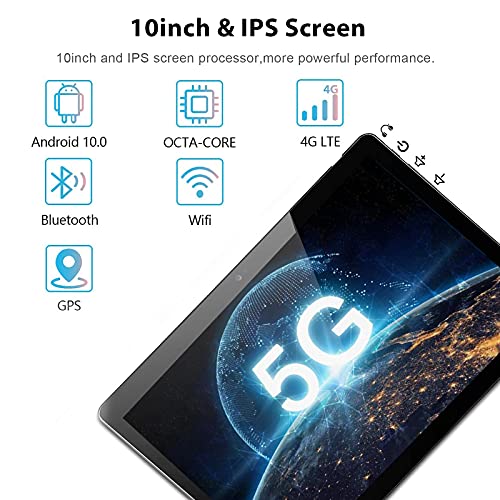 Tablet 10 Pulgadas Android 10.0 | 4G LTE | 5G WiFi | 4GB RAM 64GB ROM | Octa-Core | Certificación Google GMS，Dual SIM/WiFi/GPS/OTG/Type-C/Bluetooth-Negro
