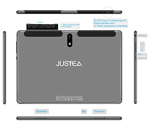 Tablet 10.1 Pulgadas Android 10.0 Tableta Ultra-Portátiles - RAM 4GB | 64GB Expandible (Certificación Google GMS) -JUSYEA - Batería de 8000mAh- WiFi - Cubierta - Gris