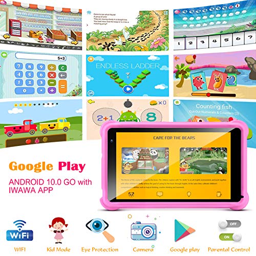 Tablet qunyiCO Android 10.0 GO, para niños, 7 Pulgadas 32GB Cámara WiFi 2GB RAM Pantalla táctil HD 1024 * 600 Funda a Prueba de niños Control Parental Aprendizaje Google Certified Playstore (Rosado)