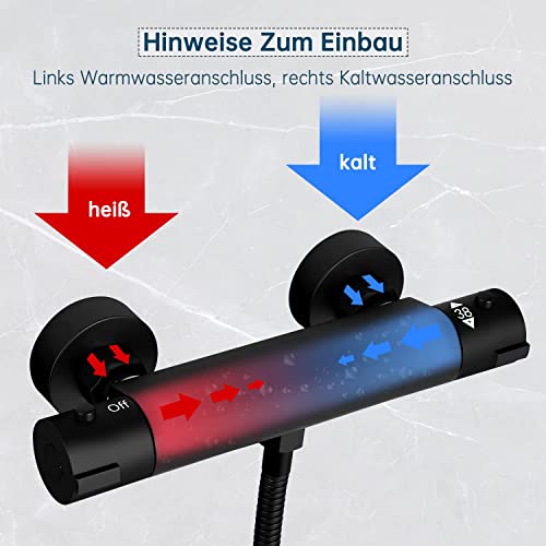TADRORT Juego de grifo de ducha termostático negro para bañera con botón de seguridad de 38 °C, juego de ducha con grifo de mano y grifo de agua para bañera