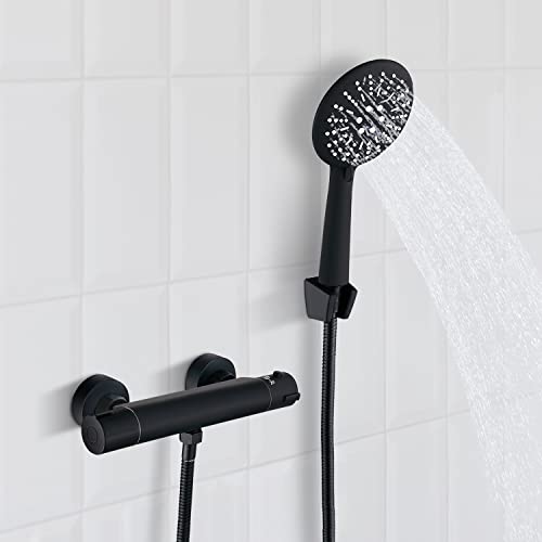 TADRORT Juego de grifo de ducha termostático negro para bañera con botón de seguridad de 38 °C, juego de ducha con grifo de mano y grifo de agua para bañera