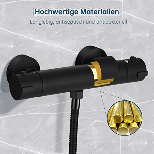 TADRORT Juego de grifo de ducha termostático negro para bañera con botón de seguridad de 38 °C, juego de ducha con grifo de mano y grifo de agua para bañera