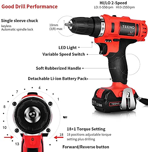 Taladro Atornillador 21V, TEENO 41Pcs Kit Destornillador Eléctrico (2 Baterías de Litio 1500mAh, 40N.m Par Máx, 2 Velocidades, 10mm Portabrocas Automatico)