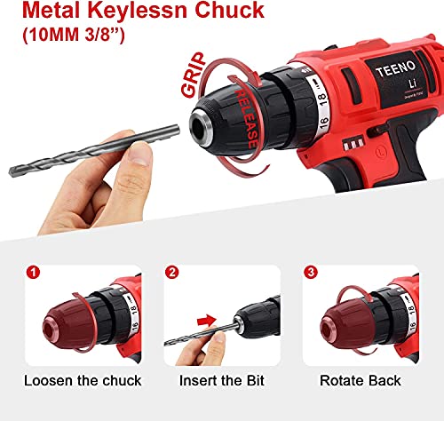 Taladro Atornillador 21V, TEENO 41Pcs Kit Destornillador Eléctrico (2 Baterías de Litio 1500mAh, 40N.m Par Máx, 2 Velocidades, 10mm Portabrocas Automatico)