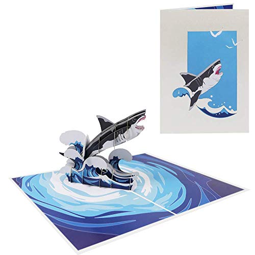 Tarjeta de cumpleaños pop up con forma de pez para felicitación, cumpleaños, marítimo, tiempo libre, mar y vacaciones – Megalodón de tiburón 015