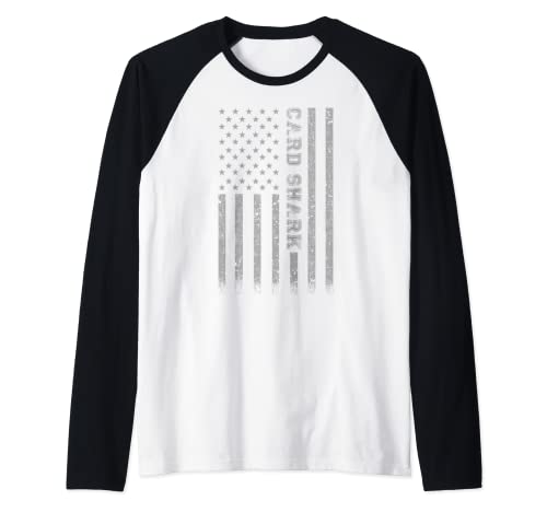 Tarjeta de tiburón bandera americana Camiseta Manga Raglan