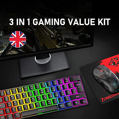Teclado y mouse para juegos con cable con diseño del 60% para el Reino Unido, mini teclado mecánico de 62 teclas, 19 Rainbow Backlit +6 RGB Backlit 6400 DPI Lightweight Mouse(interruptor negro /azul)