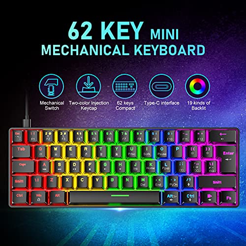 Teclado y mouse para juegos con cable con diseño del 60% para el Reino Unido, mini teclado mecánico de 62 teclas, 19 Rainbow Backlit +6 RGB Backlit 6400 DPI Lightweight Mouse(interruptor negro /azul)