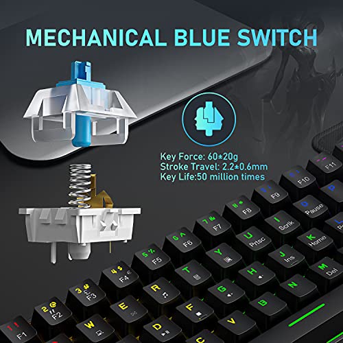 Teclado y mouse para juegos con cable con diseño del 60% para el Reino Unido, mini teclado mecánico de 62 teclas, 19 Rainbow Backlit +6 RGB Backlit 6400 DPI Lightweight Mouse(interruptor negro /azul)