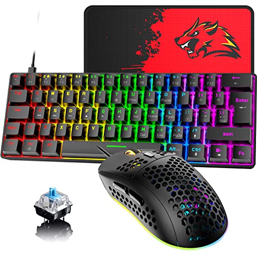 Teclado y mouse para juegos con cable con diseño del 60% para el Reino Unido, mini teclado mecánico de 62 teclas, 19 Rainbow Backlit +6 RGB Backlit 6400 DPI Lightweight Mouse(interruptor negro /azul)