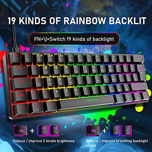 Teclado y mouse para juegos con cable con diseño del 60% para el Reino Unido, mini teclado mecánico de 62 teclas, 19 Rainbow Backlit +6 RGB Backlit 6400 DPI Lightweight Mouse(interruptor negro /azul)