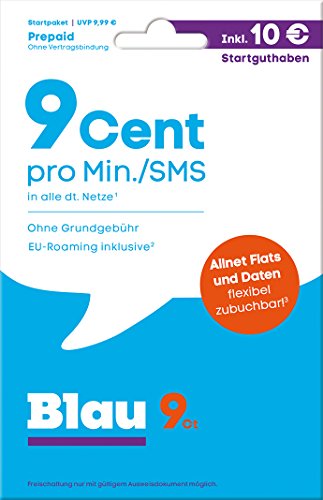 Telefónica Germany GmbH & Co. OHG Blue 9 Centavos (Sim, Sim Micro Y Nano-Sim) Sin Contrato, 10 MB/Mes, Sólo 9 Céntimos/Min. En Total