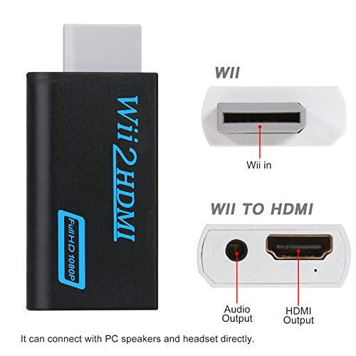 Thlevel Convertidor Wii a HDMI Adaptador Wii2HDMI 720P/1080P con Cable HDMI de 1,5m con Puerto HDMI y Jack 3.5mm – Soporta Wii U Wii Smart HDTV Monitor Proyector (Negro)