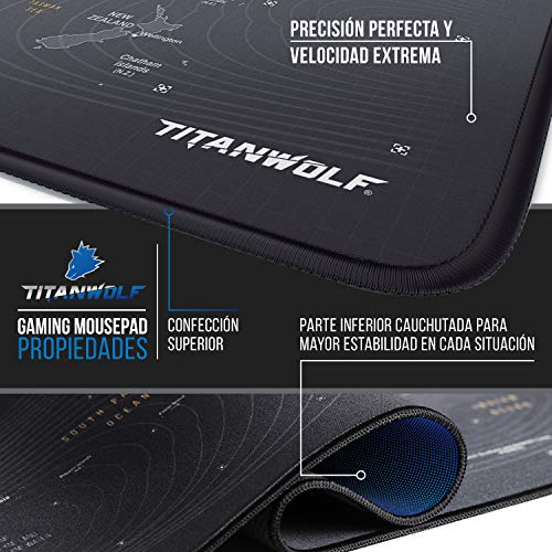 TITANWOLF - XXL Alfombrilla para ratón 900 x 400 mm - Speed Gaming Mousepad - Mouse Pad para Ordenador - Base para Mesa Grandes Dimensiones - Diseño: Planisferio