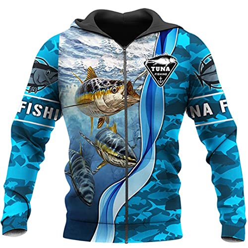TN-KENSLY Sudadera con Capucha para Hombre, Sudadera con Estampado 3D Pesca atún, Sudadera con Capucha y Cremallera Calle Harajuku Unisex Zipper Hoodie L