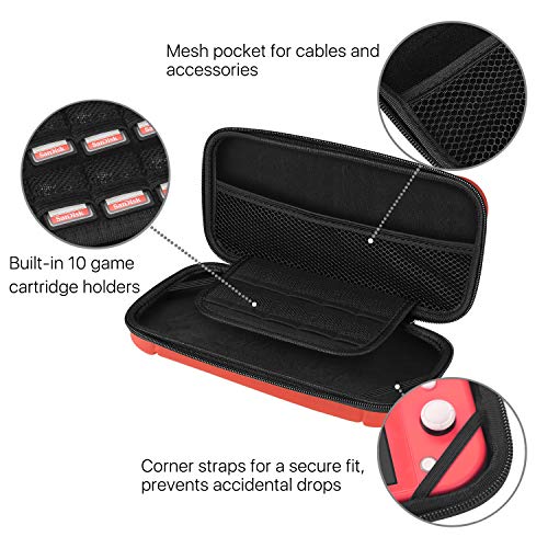 TNP Estuche Portátil de Viaje para Nintendo Switch Lite Consola, Carcasa Rígida para Transporte, Material PC, Funda con Asa de Correa, 10 Tarjeteros de Juego, Alivio de Presión de Joy con, Color Rojo