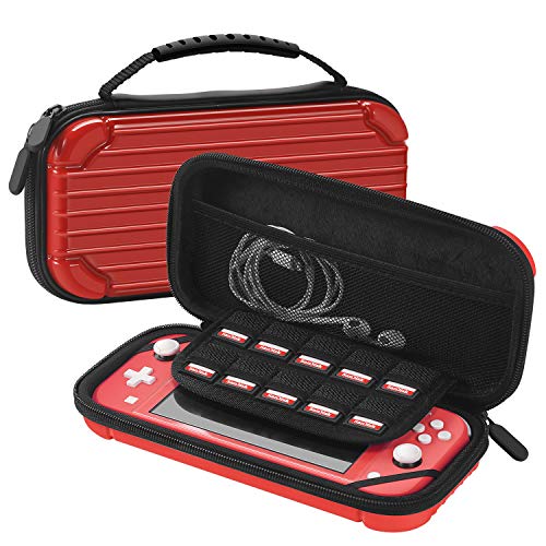 TNP Estuche Portátil de Viaje para Nintendo Switch Lite Consola, Carcasa Rígida para Transporte, Material PC, Funda con Asa de Correa, 10 Tarjeteros de Juego, Alivio de Presión de Joy con, Color Rojo