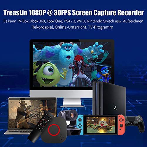 TreasLin Tarjeta de captura de juegos sin PC, grabadora de pantalla, USB3.0 HDMI 1080P 30fps dispositivo de captura de vídeo, grabación con un solo clic, compatible con Xbox One PS4 Nintendo Switch