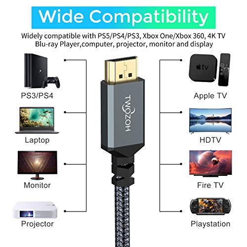 Twozoh Cable HDMI 4K 5M, Cable HDMI 2.0 Trenzado de Nailon de Alta Velocidad 4K@60Hz a 18Gbps Compatible con PS5, PS3, PS4, PC, proyector, 4K UHD TV/HDTV, Xbox