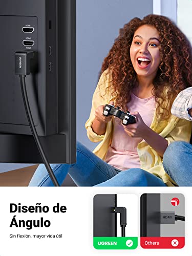 UGREEN Cable HDMI 4K Ángulo de 90°, Cable HDMI 2.0 Ultra HD Alta Velocidad 18Gbps para Ethernet Soporte HDR 3D ARC Compatible con PS5, PS4, Xbox One, TV Box, DVD/Blu-ray Reproductor, PC, HDTV, 1Metros