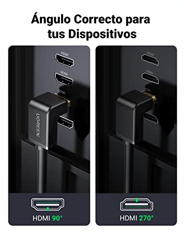 UGREEN Cable HDMI 4K Ángulo de 90°, Cable HDMI 2.0 Ultra HD Alta Velocidad 18Gbps para Ethernet Soporte HDR 3D ARC Compatible con PS5, PS4, Xbox One, TV Box, DVD/Blu-ray Reproductor, PC, HDTV, 1Metros