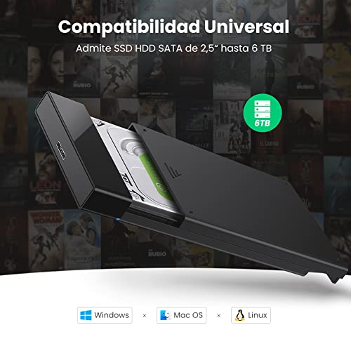UGREEN Carcasa Disco Duro 2.5" USB 3.0 con UASP Caja Disco Duro 2,5 HDD SSD SATA I/II/III de 7mm 9.5mm, 6 TB MAX, Carcasa SSD Compatible con MacBook, PS5, Xbox X/S, PS4, TV, con Cable USB 3.0