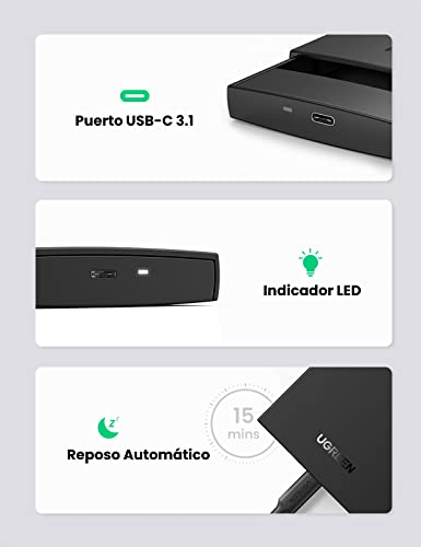UGREEN Carcasa Disco Duro 2,5" USB C con UASP 6Gbps, Caja Disco Duro 2.5 SSD USB C, Carcasa SSD HDD SATA I/II/III de 7mm 9,5mm, 10TB MAX, Compatible PS5, TV, Macbook Pro 2021, XPS 15, con Cable USB C
