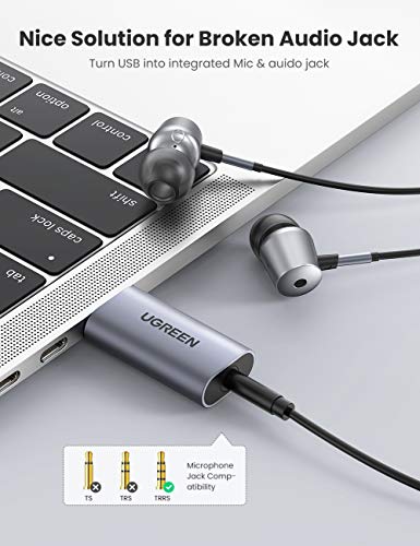 UGREEN Tarjeta de Sonido Externa USB, Adaptador de USB Externo para Estéreo, Adaptador usb a Jack 3.5mm con Carcasa de Aluminio para Micrófono, Altavoces, Auriculares, Raspberry pi 3, PS4, Plug y play