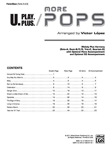 U.Play.Plus More Pops -- Melody Plus Harmony (Solo--A, Duet--B/C/D, Trio--C, Quartet--D) with Optional Piano Accompaniment and Optional CD Accompanime: Flute/Oboe