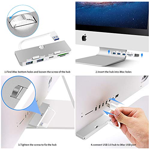 USB 3.0 IMac Hub, Rocketek USB 3.0 de 3 Puertos Ultrafino de Aluminio Premium con Lector de Tarjetas SD/TF Diseñado Compatible con 2017 iMac y iMac Pro