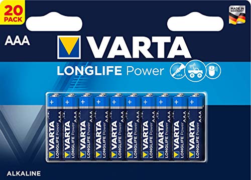 Varta Pila Longlife Power AAA Micro LR03 (paquete de 20 unidades), pila alcalina - «Made in Germany» - Adecuado para juguetes, linternas, mandos y otros aparatos que funcionan con pilas