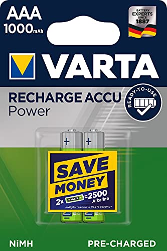 Varta Recharge Accu Power, recargable - Pilas de NiMH AAA Micro (paquete de 2 unidades, 1000 mAh) - Recargables sin efecto de memoria - Listo para usar