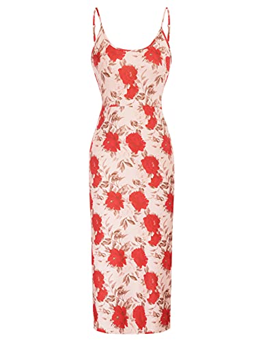 Vestido Estampado Floral Bodycon sin Mangas para Fiesta Midi XXL Rojo(CL110S21-03)
