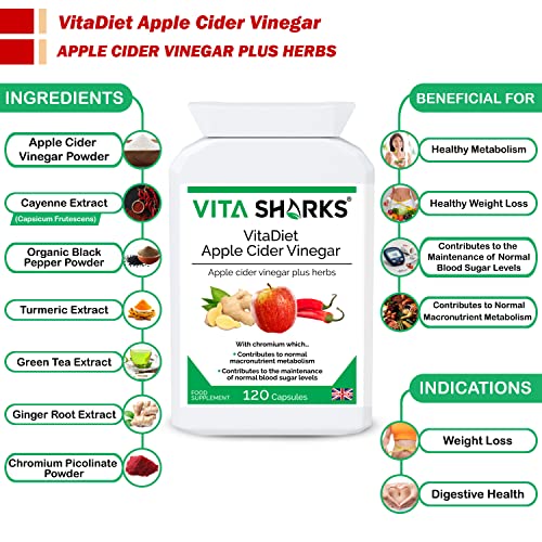 VitaDiet Vinagre de sidra de manzana con cromo para un metabolismo saludable, sistema inmunológico natural, apoyo para adelgazar, adelgazar y perder peso (120 cápsulas veganas)