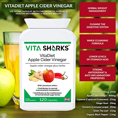 VitaDiet Vinagre de sidra de manzana con cromo para un metabolismo saludable, sistema inmunológico natural, apoyo para adelgazar, adelgazar y perder peso (120 cápsulas veganas)