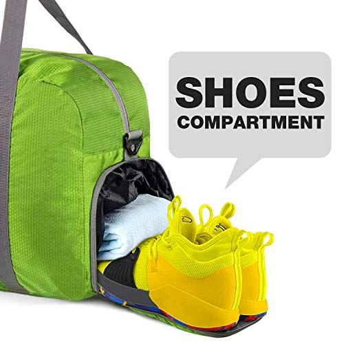WANDF Foldable Travel Bag with Shoe Compartment Lightweight Sports Bag for Travel Gym Sport Holiday Waterproof Nylon (Verde 40L, 40L)
