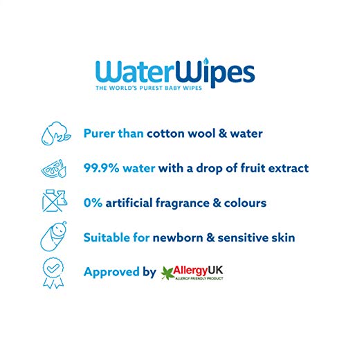 WaterWipes Toallitas para Pieles Sensible de Bebé, 99.9% agua purificada, No biodegradable, 60 Unidad (Paquete de 12)