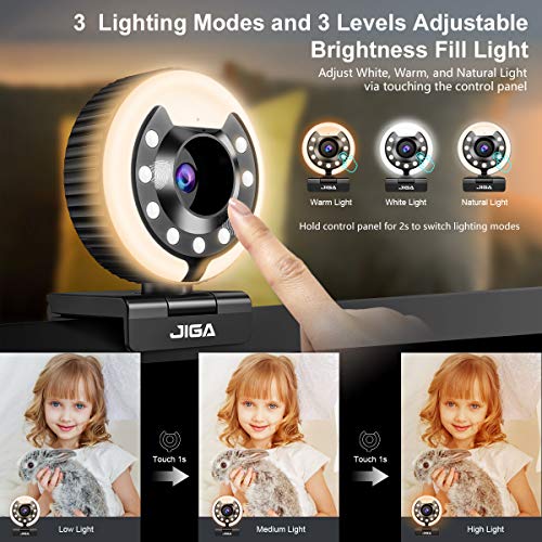 Webcam 1080P con micrófono, Full HD Facecam Streaming, cámara USB con anillo de luz, trípode, giro de 360°, cámara web JIGA para PC, videochat, portátil, Zoom, Skype (blanco, cálida y natural).